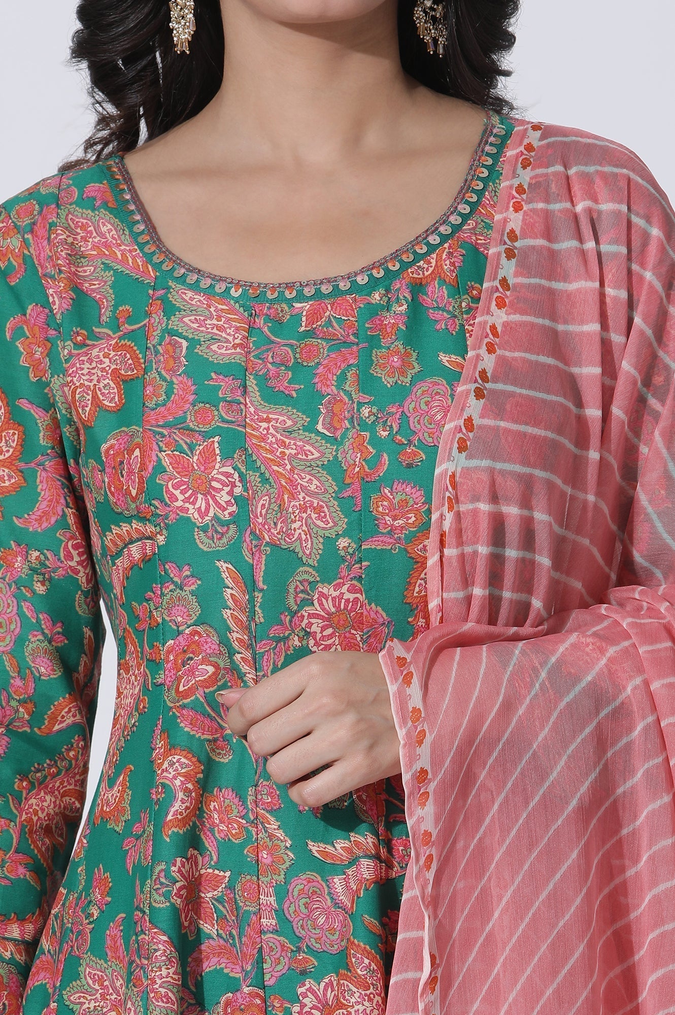 W for Woman Green Floral Printed Anarkali Kurta, Tights And Dupatta Set