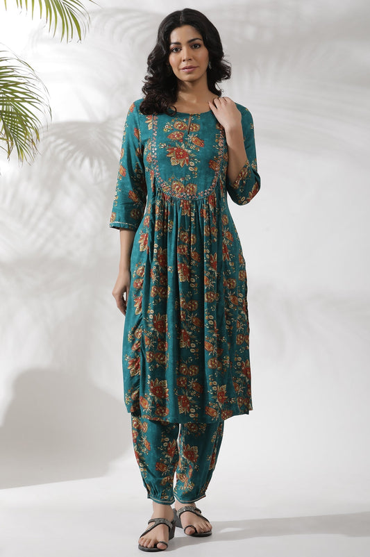 W for Woman Teal Green A-Line Printed Kurta And Gathered Pants