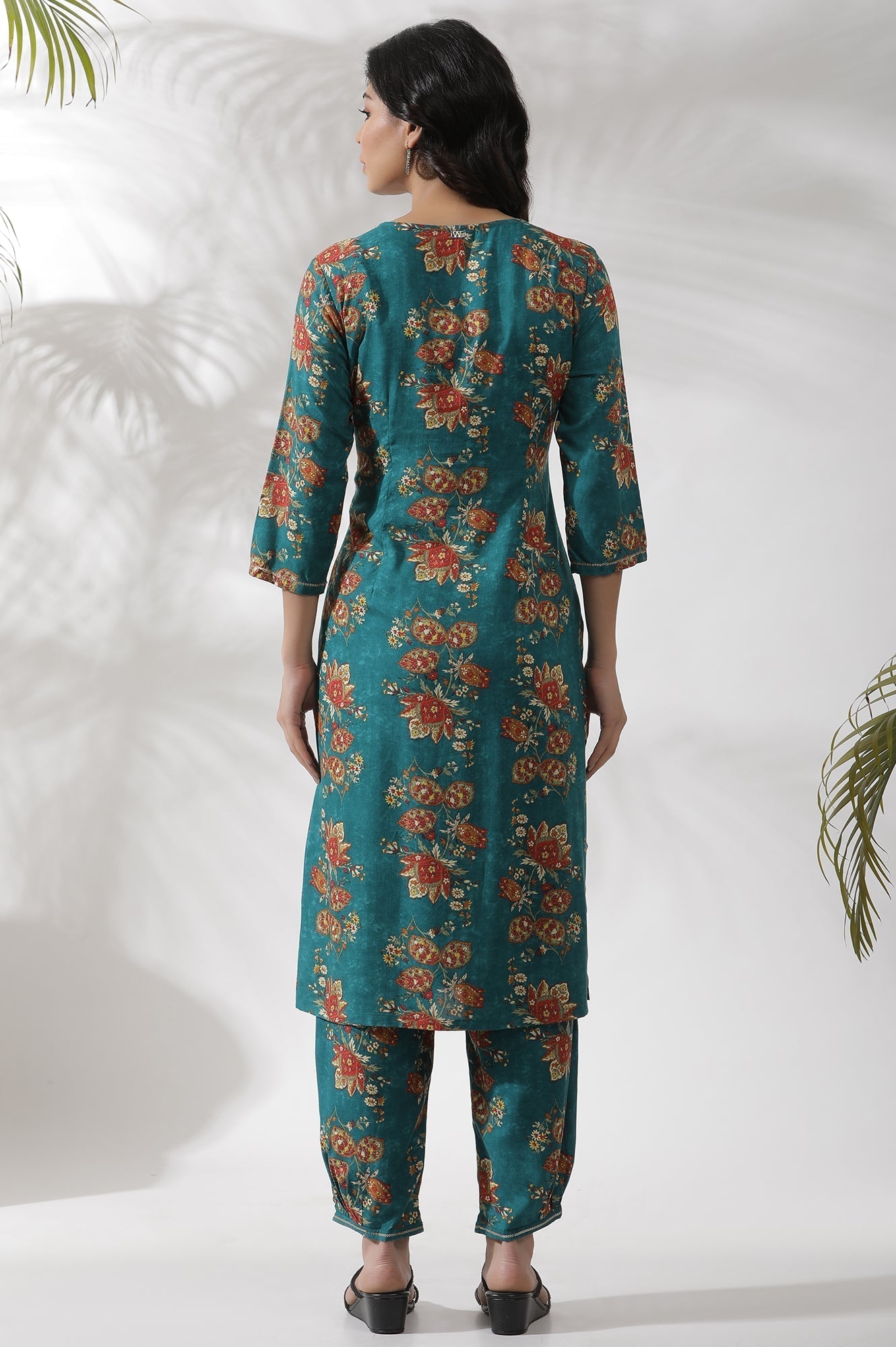W for Woman Teal Green A-Line Printed Kurta And Gathered Pants