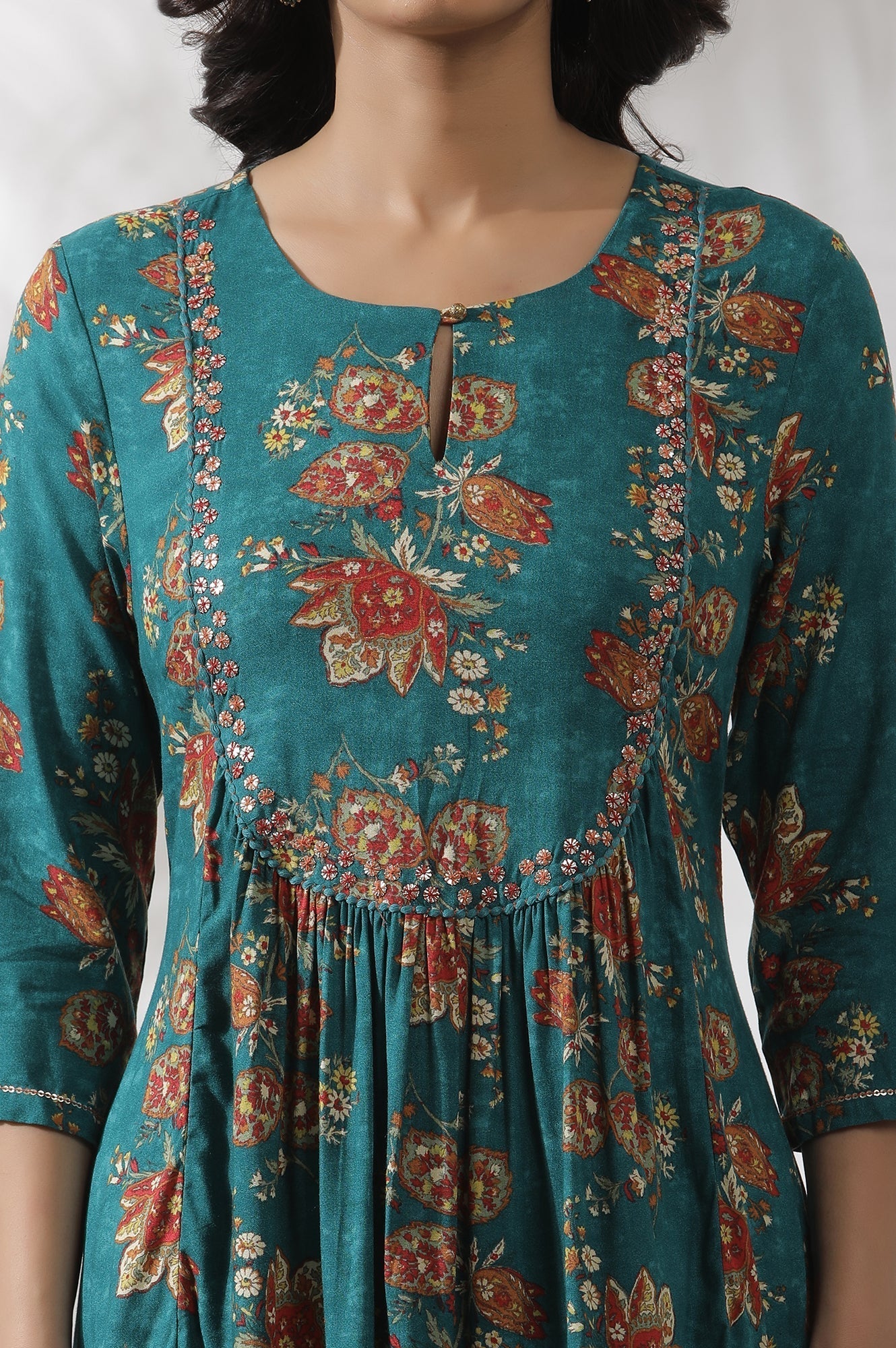 W for Woman Teal Green A-Line Printed Kurta And Gathered Pants