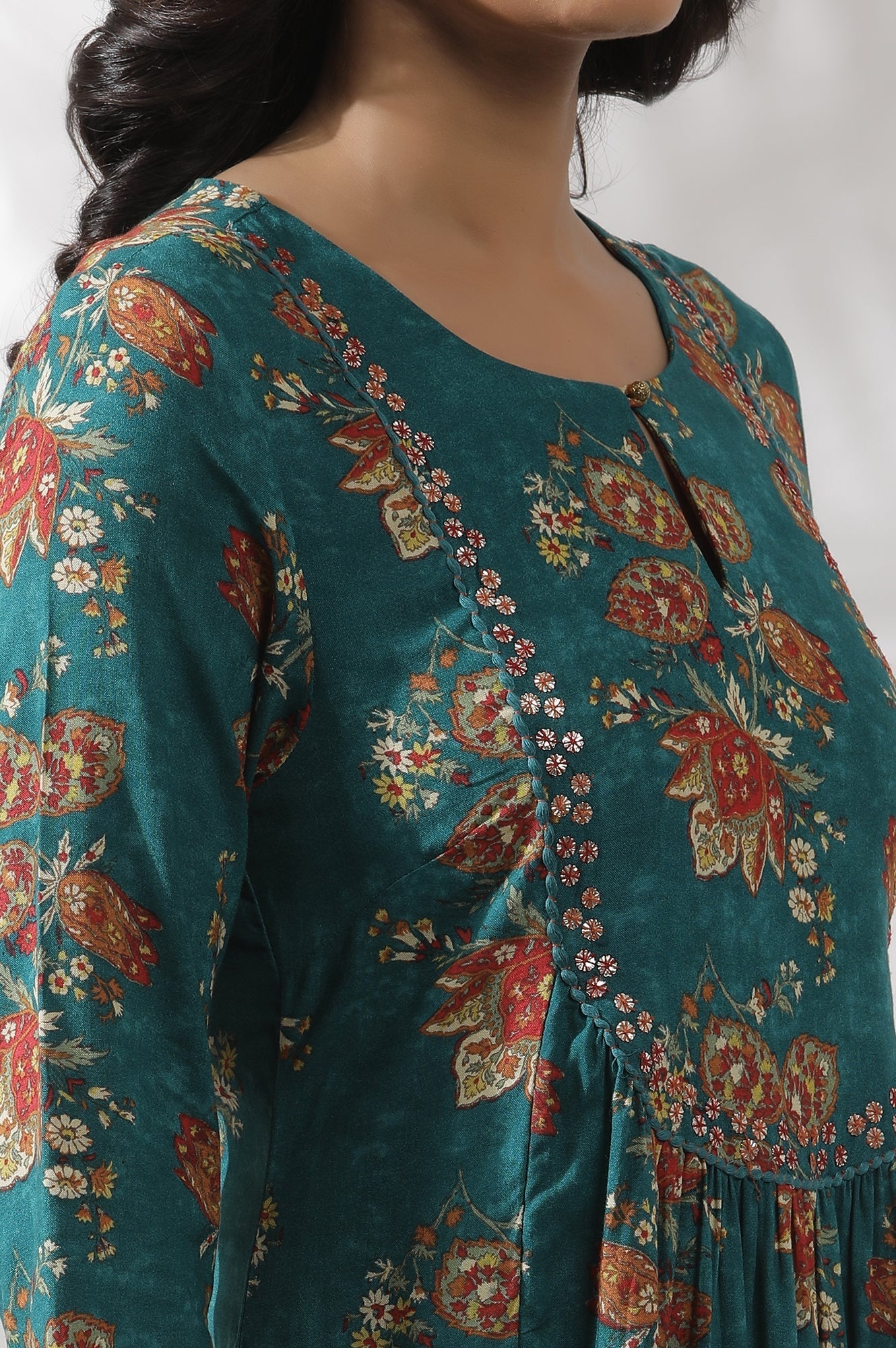 W for Woman Teal Green A-Line Printed Kurta And Gathered Pants