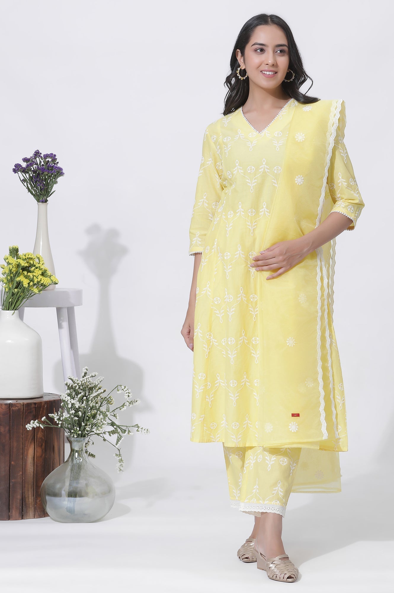W for Woman Yellow Cotton Embroidered Flared Kurta, Straight Pants And Dupatta Set