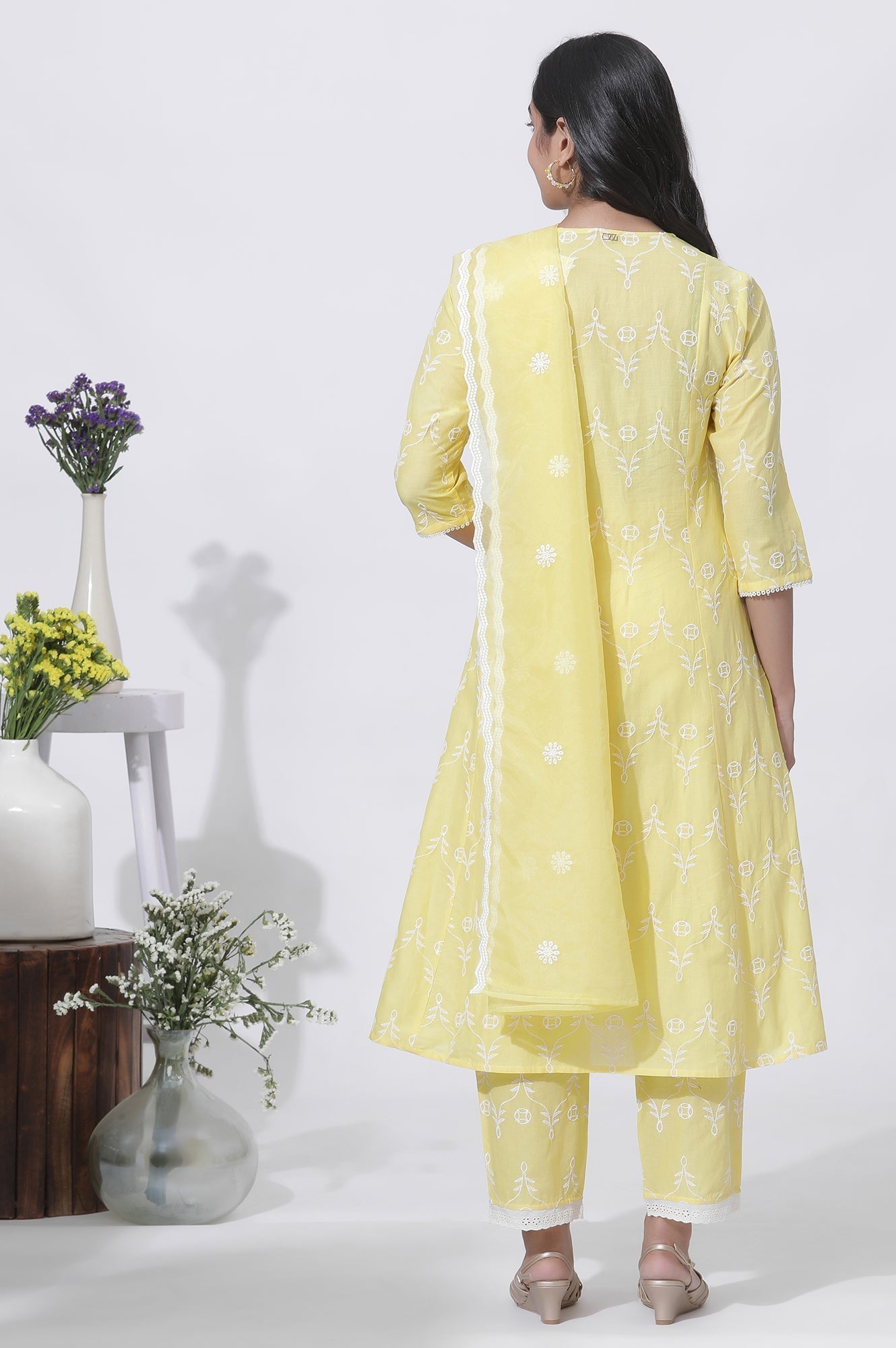 W for Woman Yellow Cotton Embroidered Flared Kurta, Straight Pants And Dupatta Set