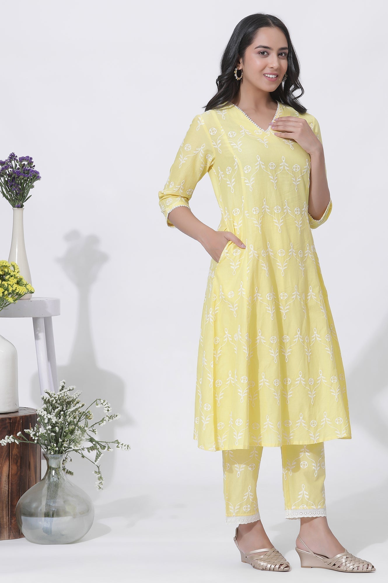 W for Woman Yellow Cotton Embroidered Flared Kurta, Straight Pants And Dupatta Set