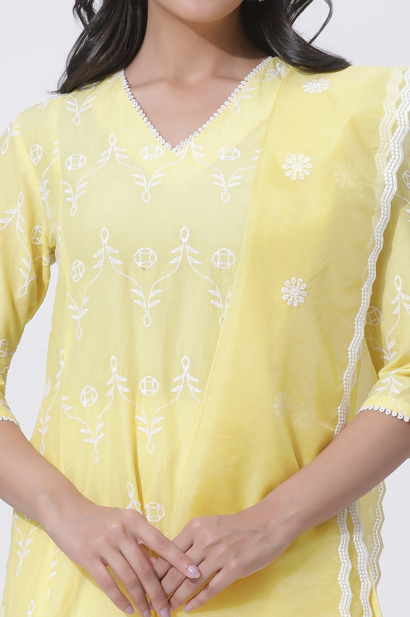 W for Woman Yellow Cotton Embroidered Flared Kurta, Straight Pants And Dupatta Set