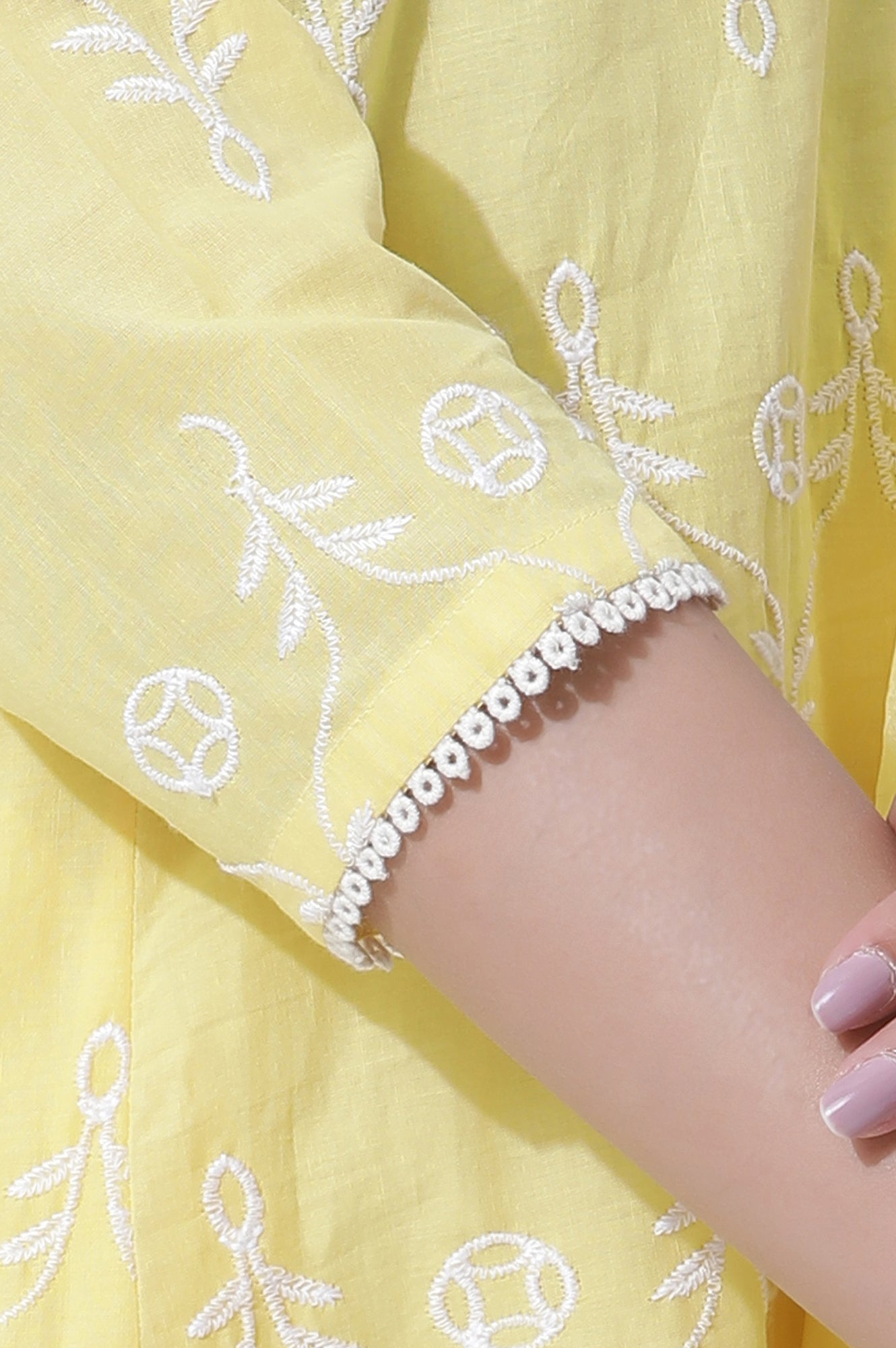 W for Woman Yellow Cotton Embroidered Flared Kurta, Straight Pants And Dupatta Set