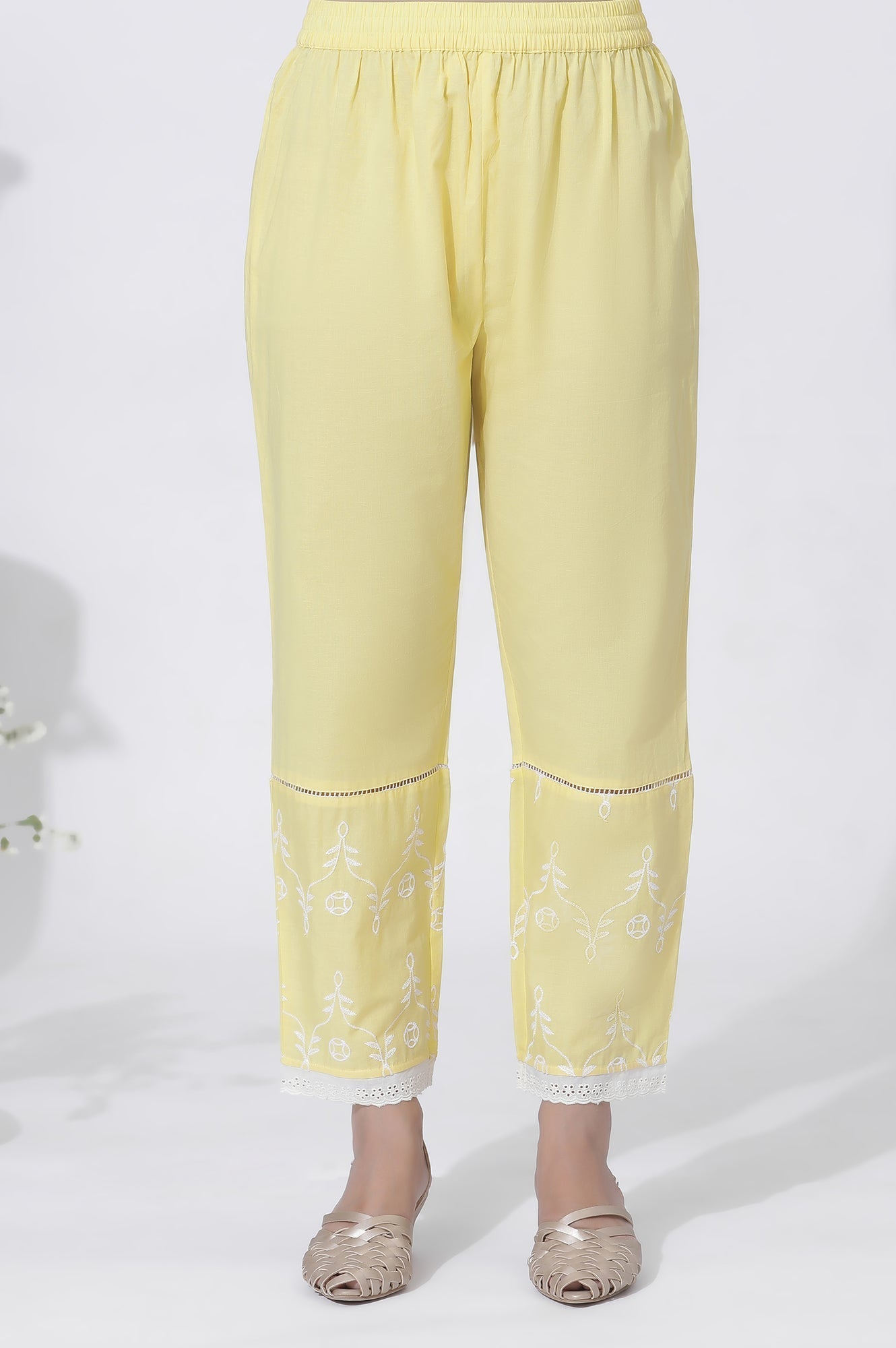 W for Woman Yellow Cotton Embroidered Flared Kurta, Straight Pants And Dupatta Set