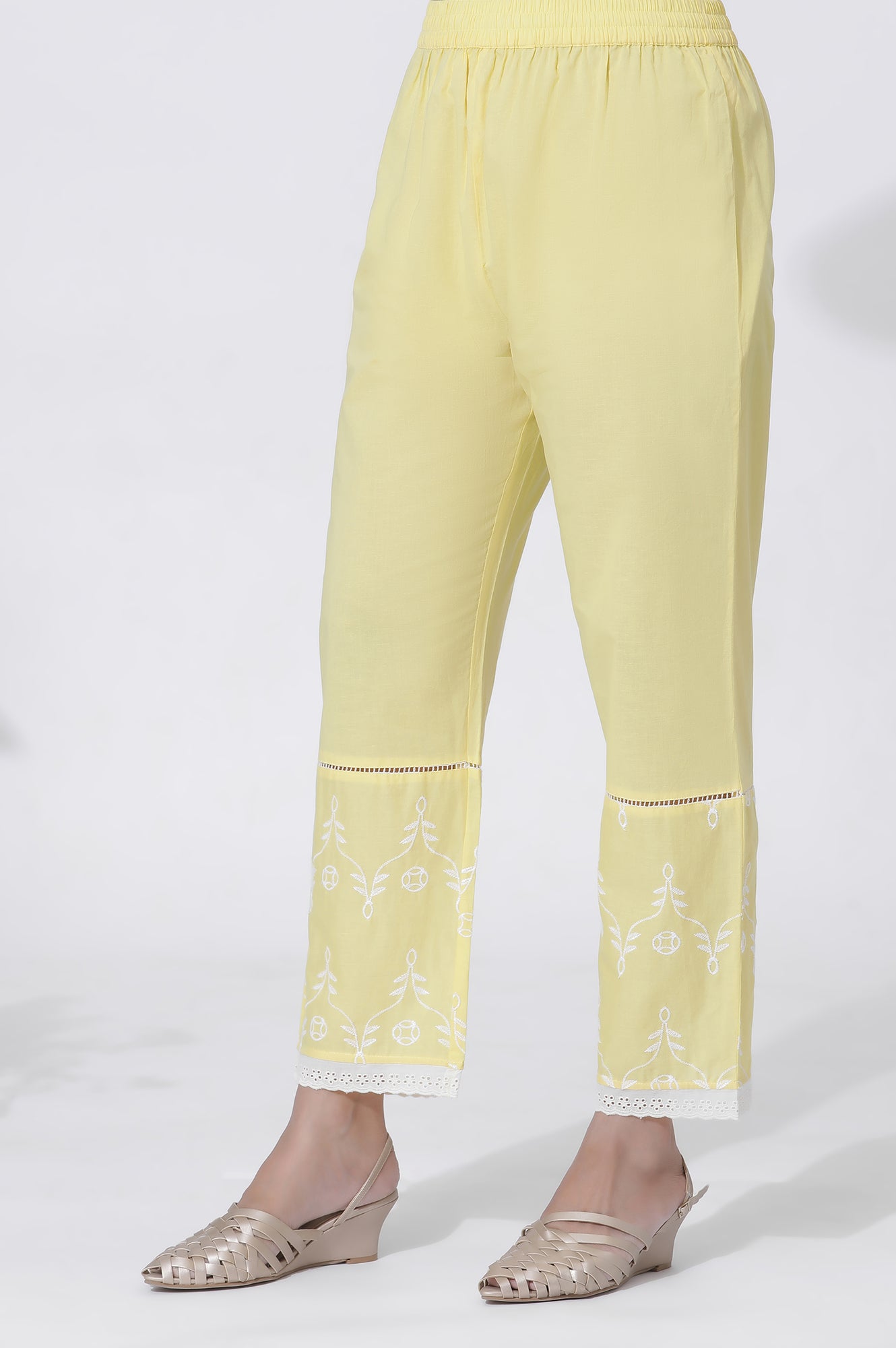 W for Woman Yellow Cotton Embroidered Flared Kurta, Straight Pants And Dupatta Set