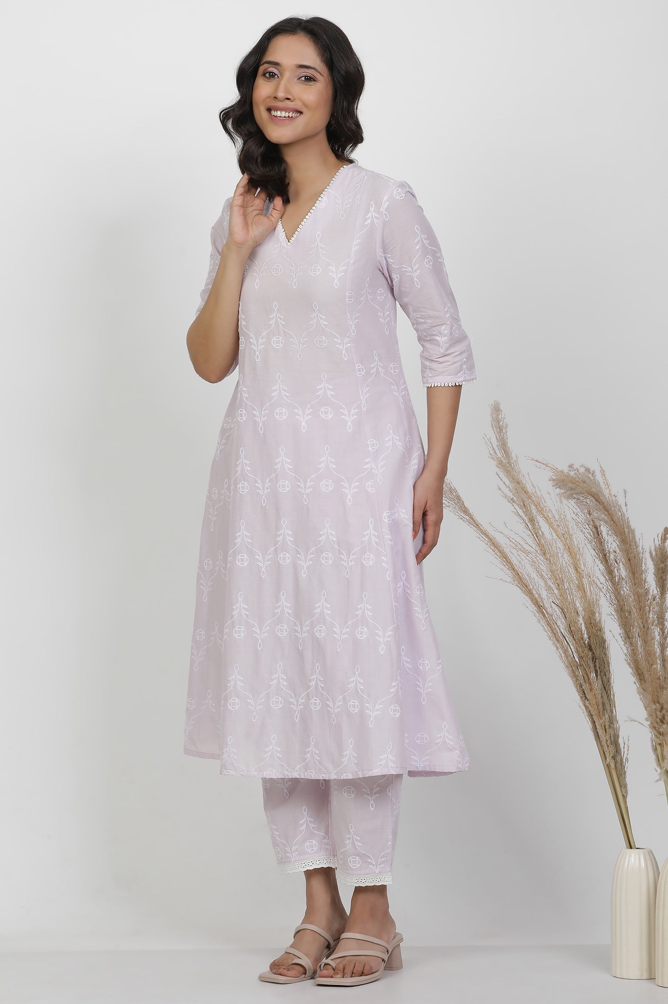 W for Woman Light Purple Schiffle A-Line Kurta And Pants Set
