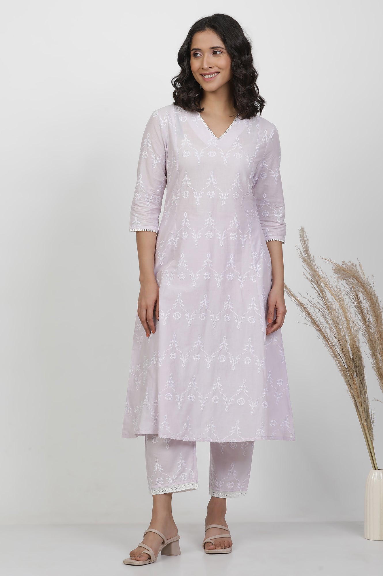W for Woman Light Purple Schiffle A-Line Kurta And Pants Set