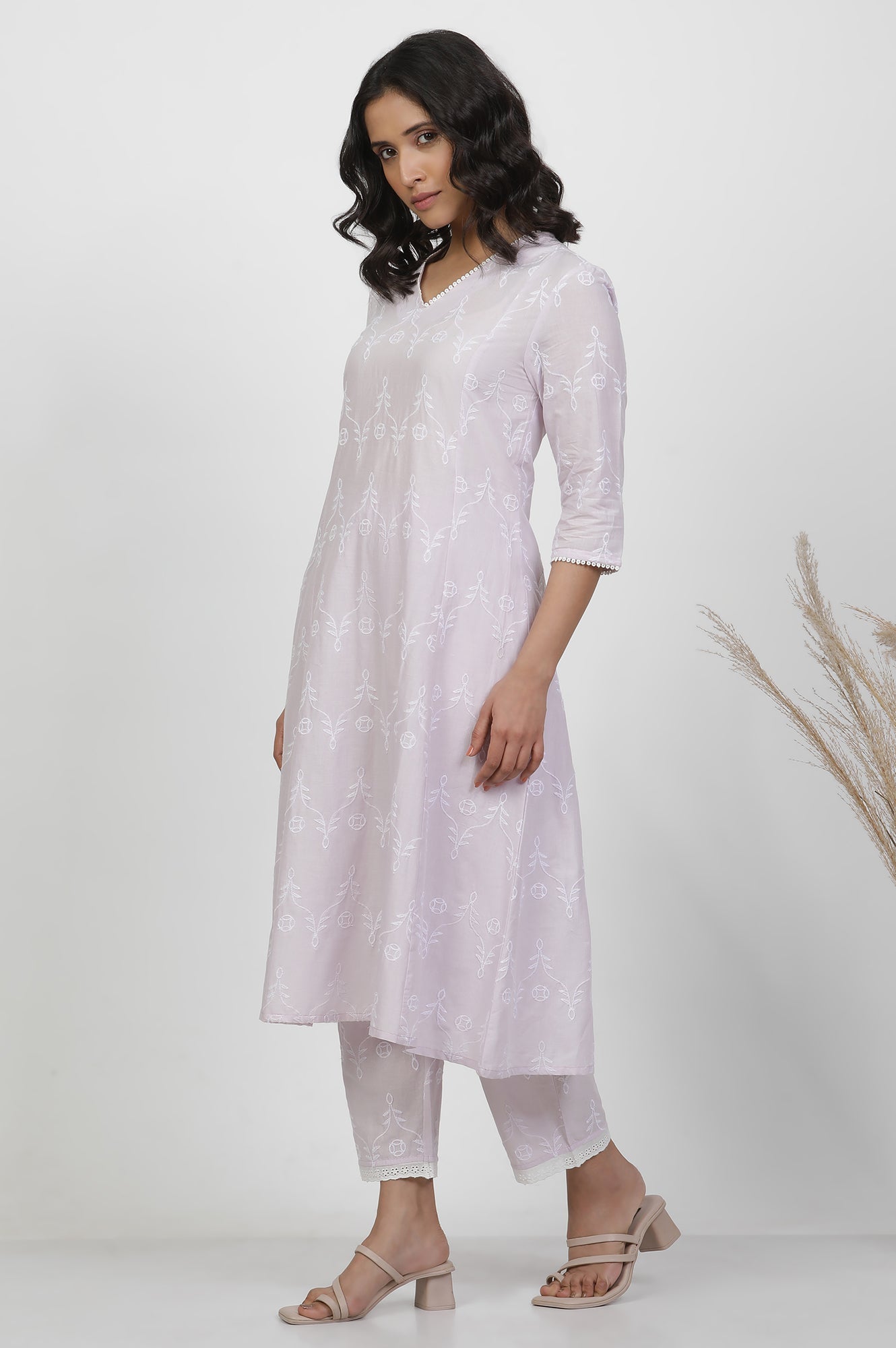 W for Woman Light Purple Schiffle A-Line Kurta And Pants Set
