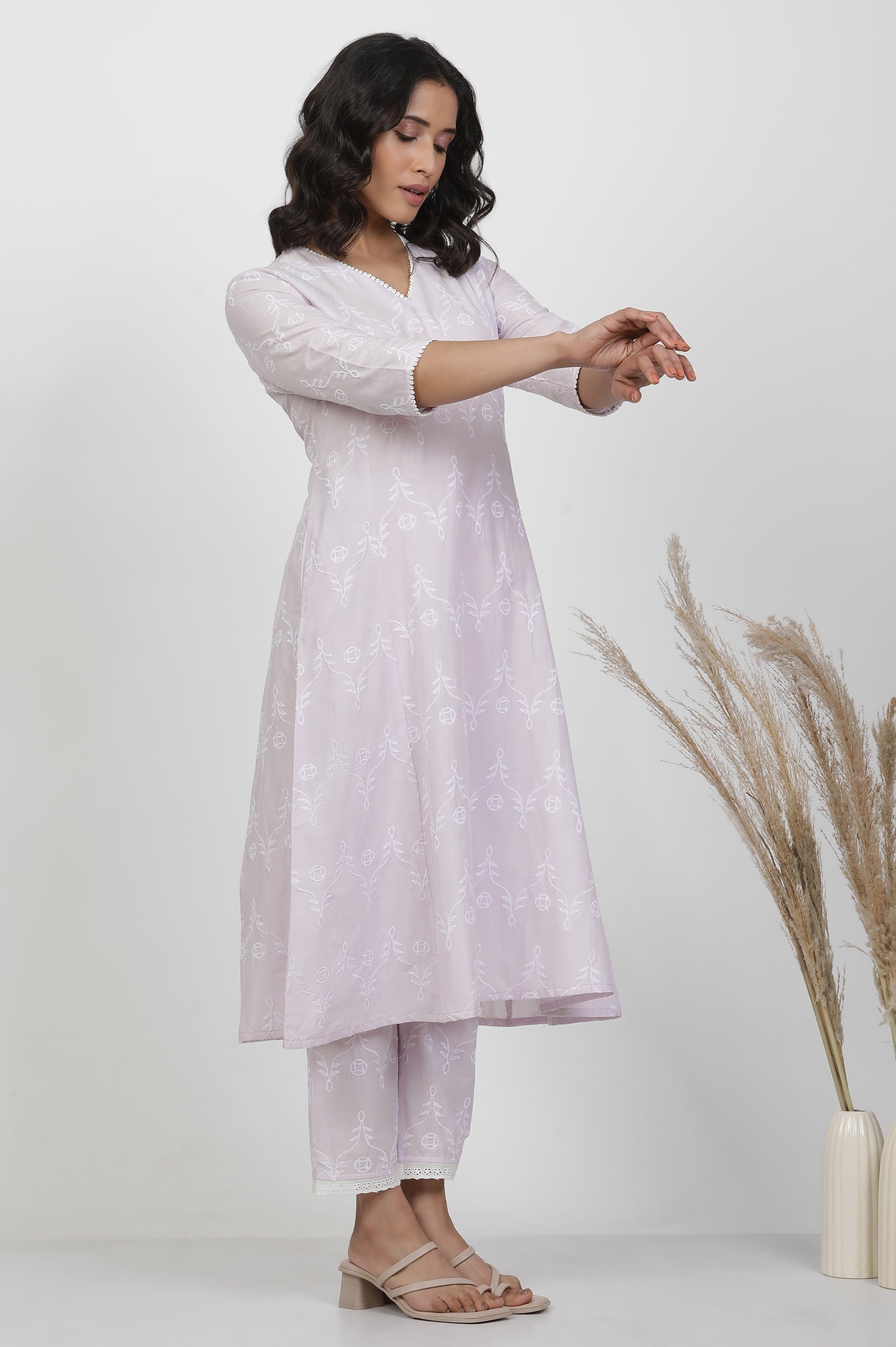 W for Woman Light Purple Schiffle A-Line Kurta And Pants Set