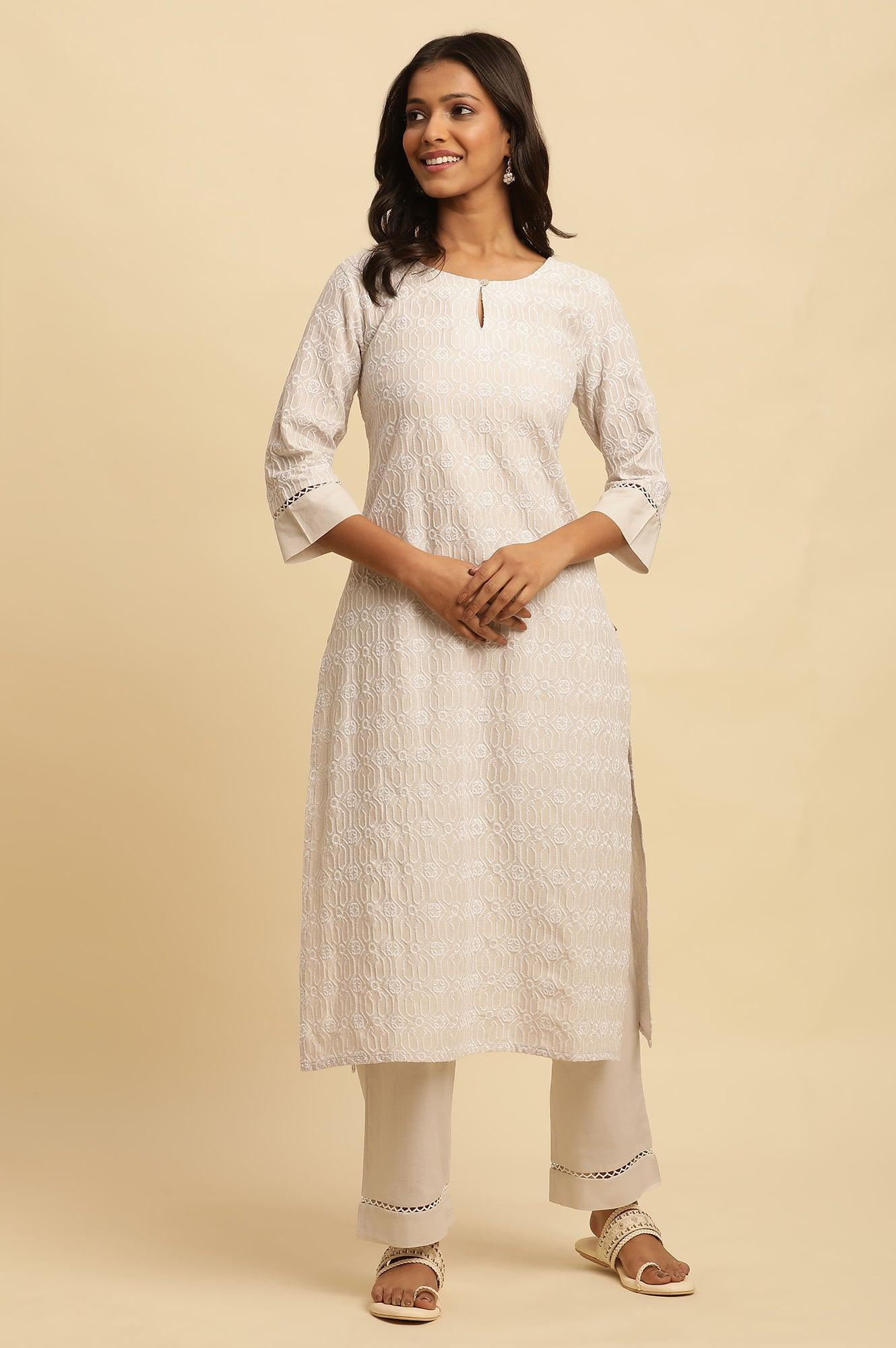W for Woman Light Grey Embroidered Cotton Kurta