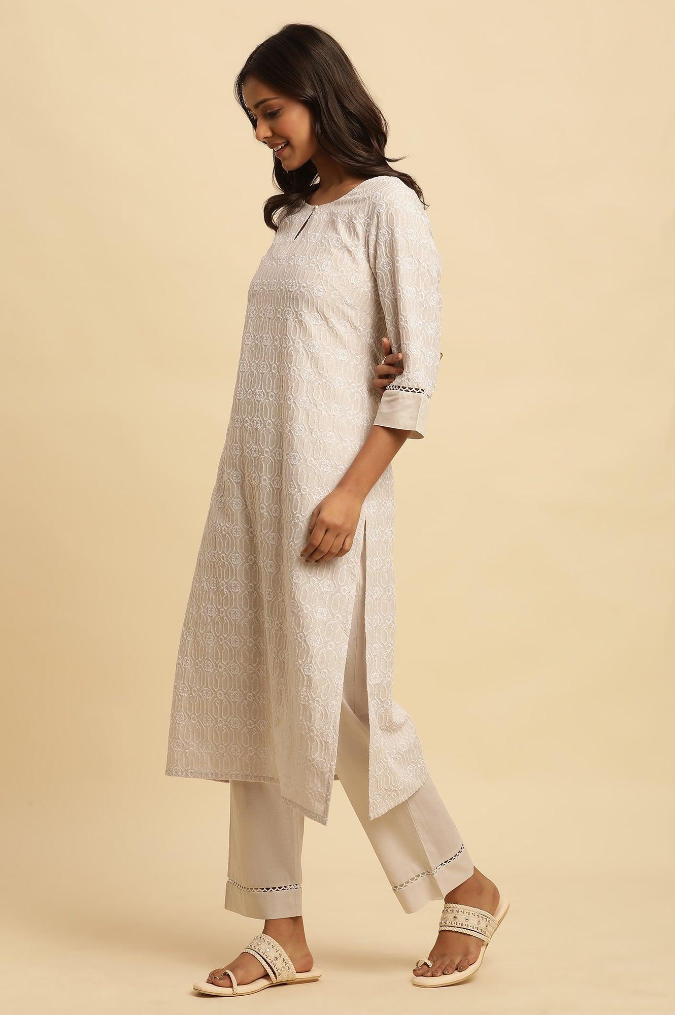 W for Woman Light Grey Embroidered Cotton Kurta