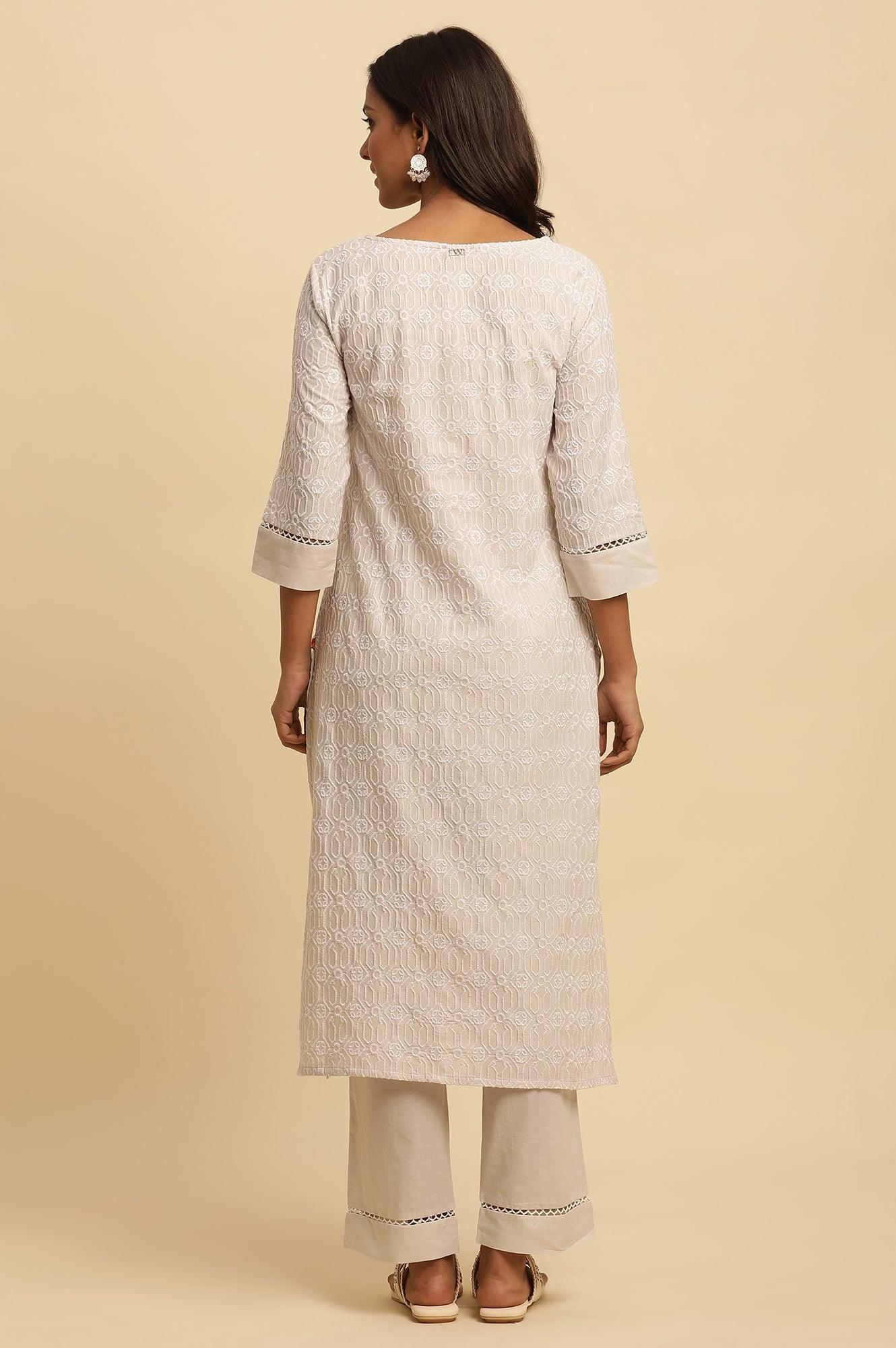 W for Woman Light Grey Embroidered Cotton Kurta