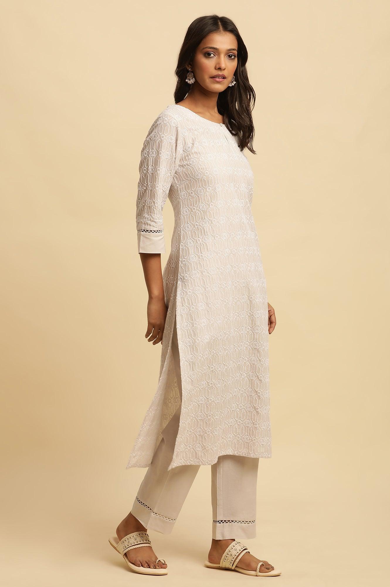 W for Woman Light Grey Embroidered Cotton Kurta