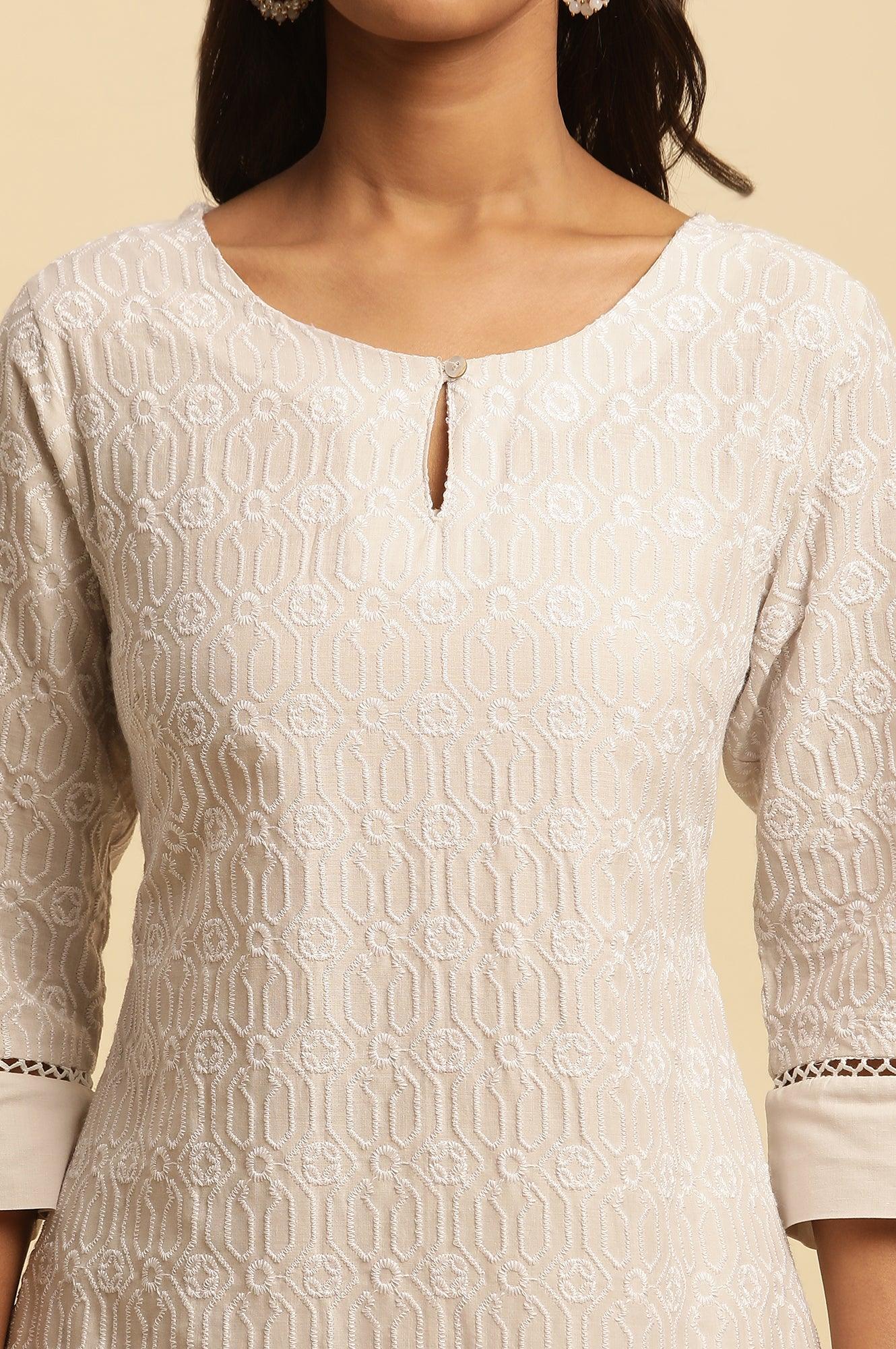 W for Woman Light Grey Embroidered Cotton Kurta