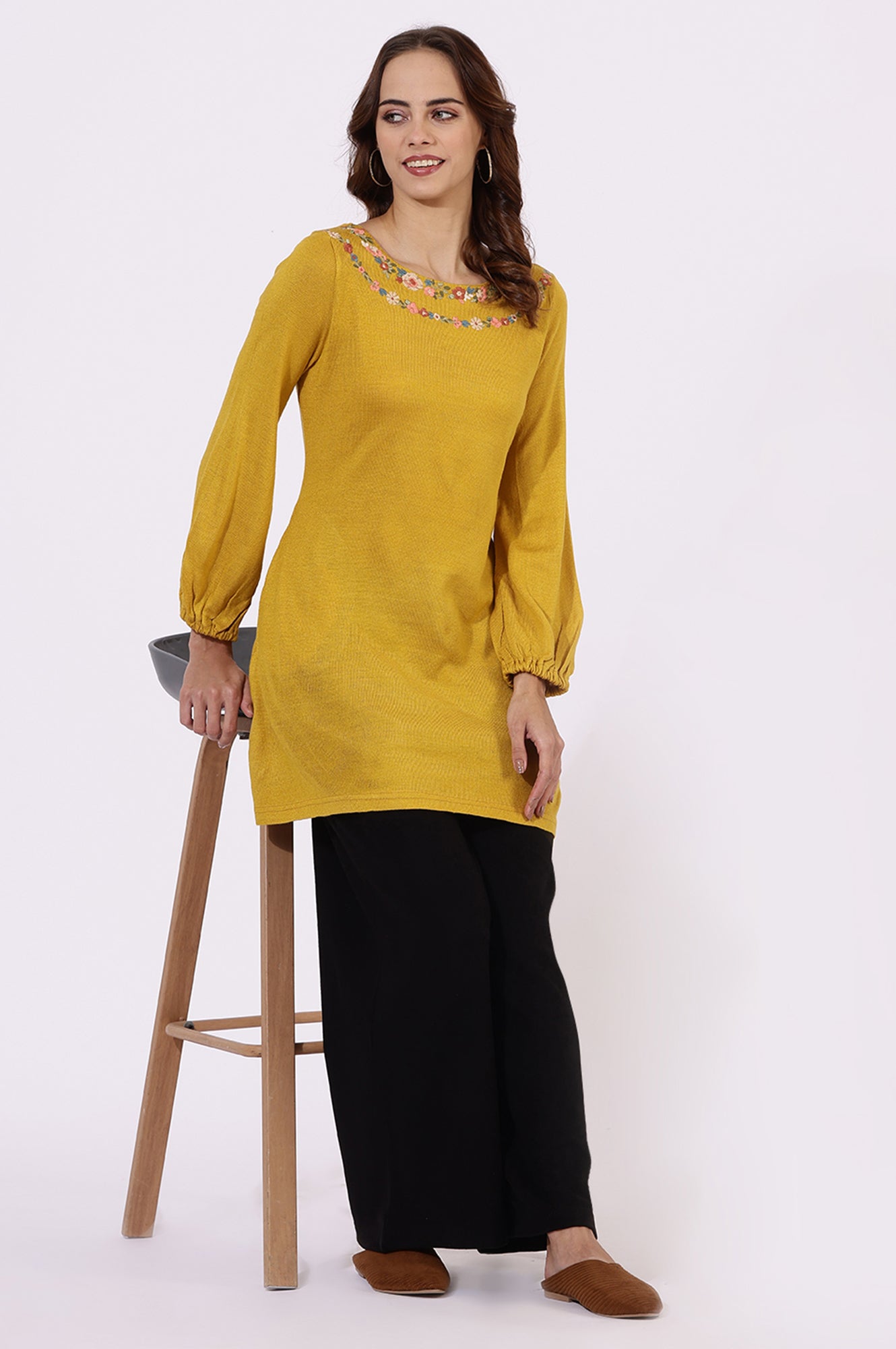W for Woman Yellow Solid Thread Work Acrylic Straight Tunic  Grab2Buy WforWoman Grab2Buy
