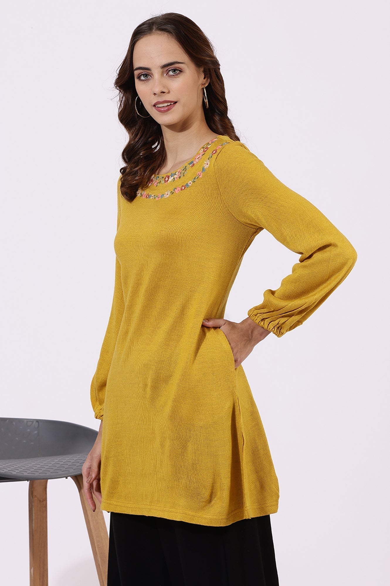 W for Woman Yellow Solid Thread Work Acrylic Straight Tunic  Grab2Buy WforWoman Grab2Buy