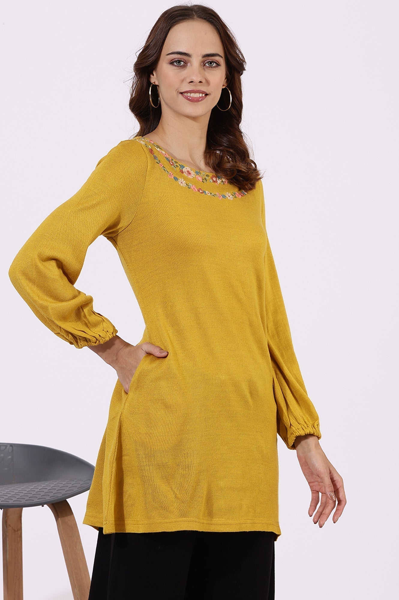 W for Woman Yellow Solid Thread Work Acrylic Straight Tunic  Grab2Buy WforWoman Grab2Buy