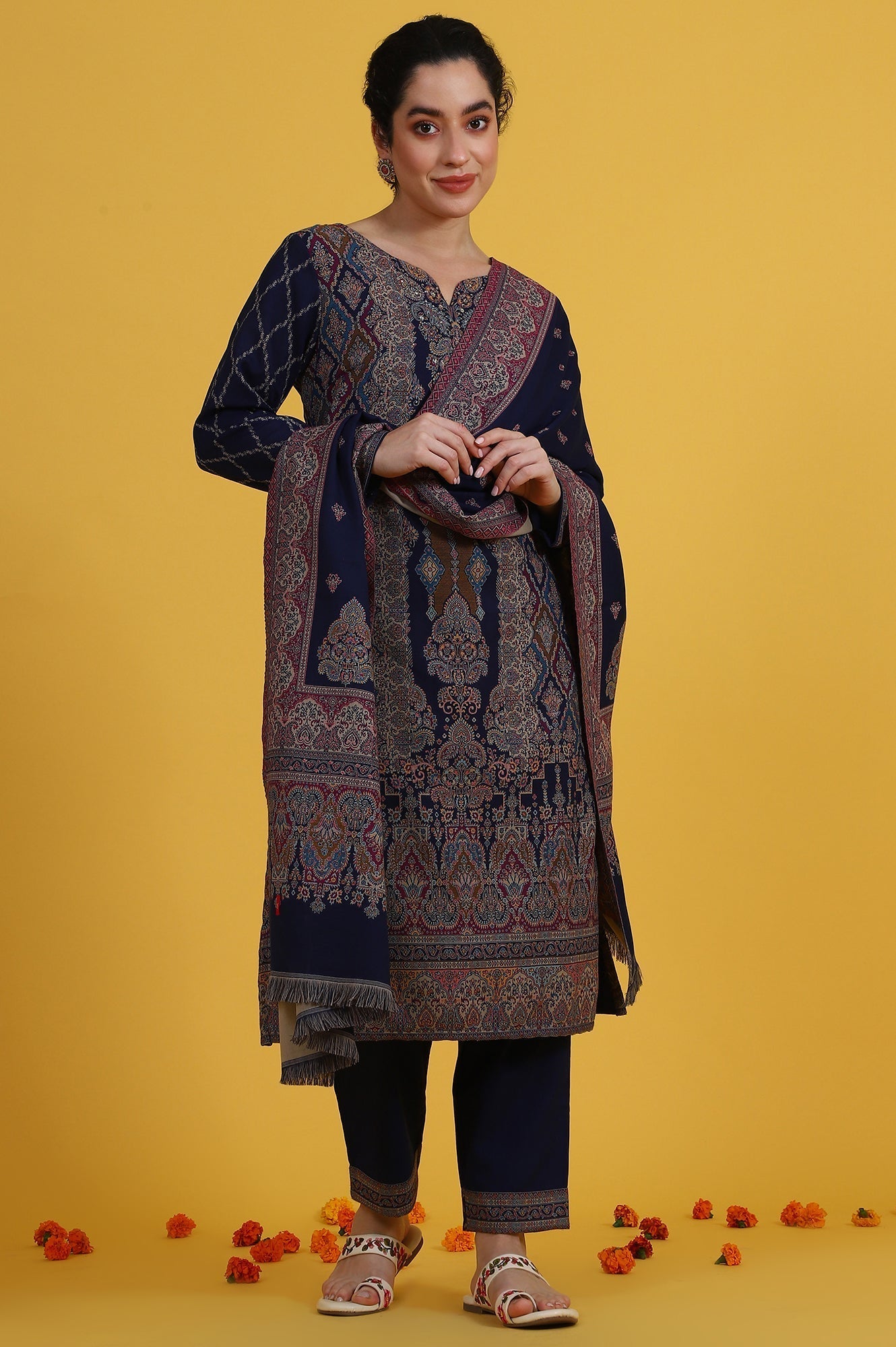 W for Woman Blue Yarn Dyed Sequins Straight Kurta & Straight pant with Dupatta Set