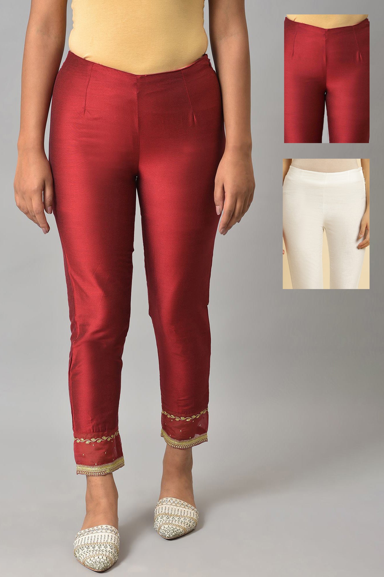 W for Woman Embroidered Red And White Slim Pants Combo