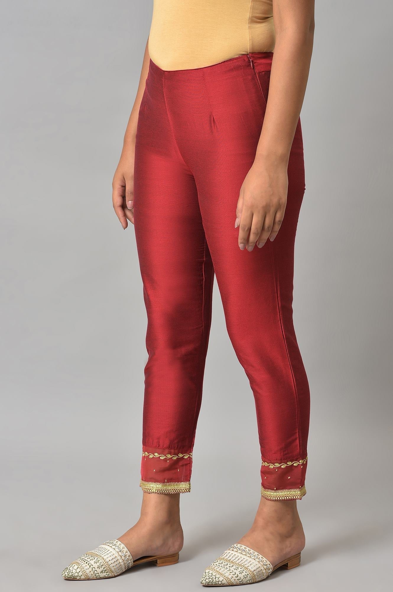 W for Woman Embroidered Red And White Slim Pants Combo