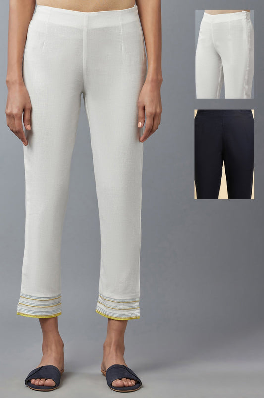 W for Woman Blue And White Cotton Flax Slim Pants Combo