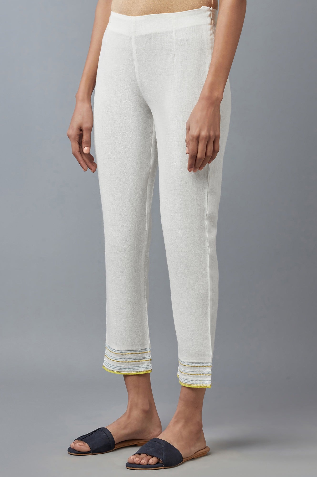 W for Woman Blue And White Cotton Flax Slim Pants Combo