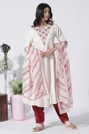 W for Woman White Flared Mirror Work Kurta, Embroidered Salwar With Dupatta Set