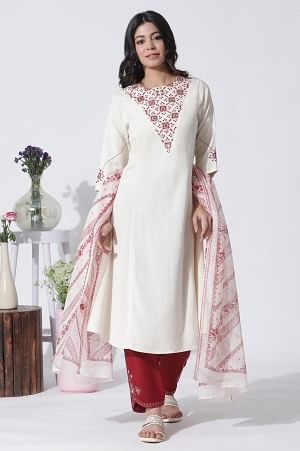 W for Woman White Flared Mirror Work Kurta, Embroidered Salwar With Dupatta Set