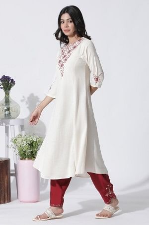 W for Woman White Flared Mirror Work Kurta, Embroidered Salwar With Dupatta Set
