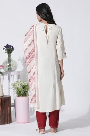 W for Woman White Flared Mirror Work Kurta, Embroidered Salwar With Dupatta Set