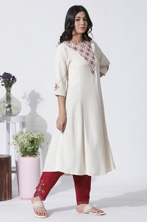 W for Woman White Flared Mirror Work Kurta, Embroidered Salwar With Dupatta Set