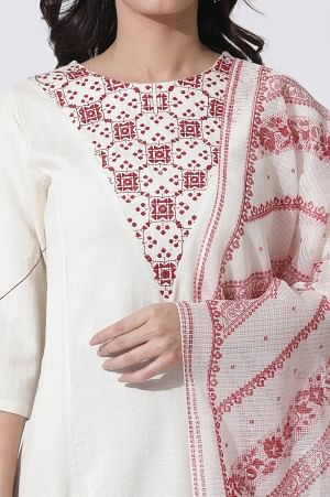 W for Woman White Flared Mirror Work Kurta, Embroidered Salwar With Dupatta Set