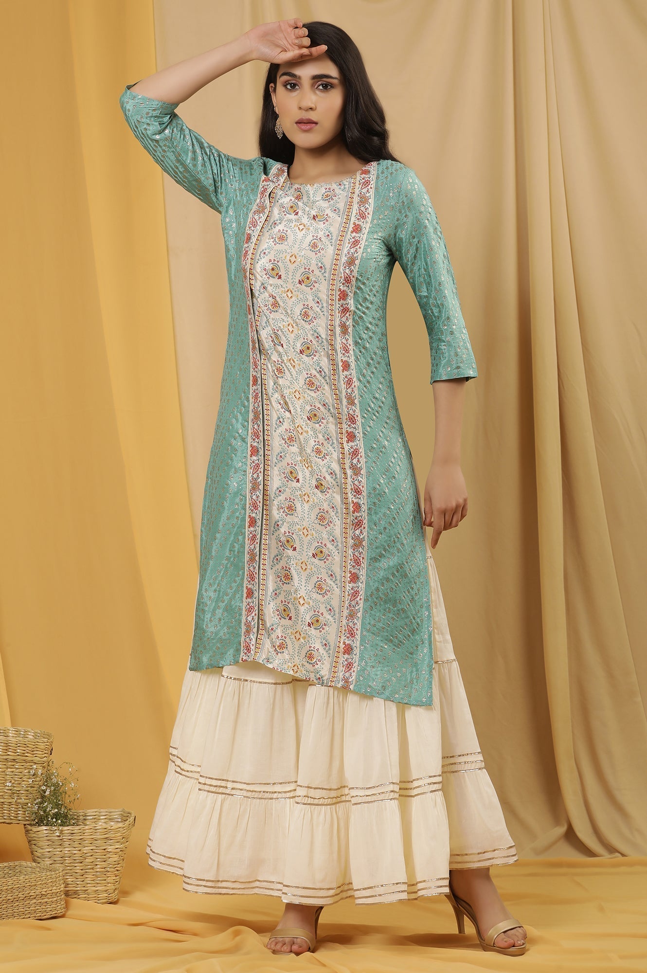 W for Woman Green Mock Layer Printed Kurta And Sharara Set
