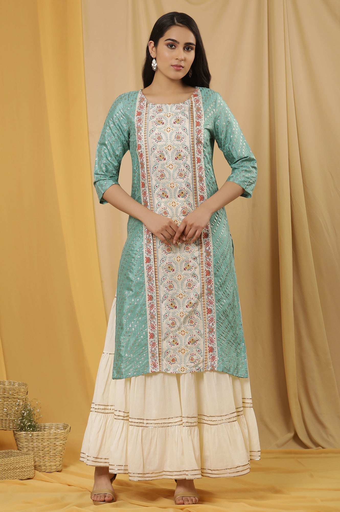 W for Woman Green Mock Layer Printed Kurta And Sharara Set