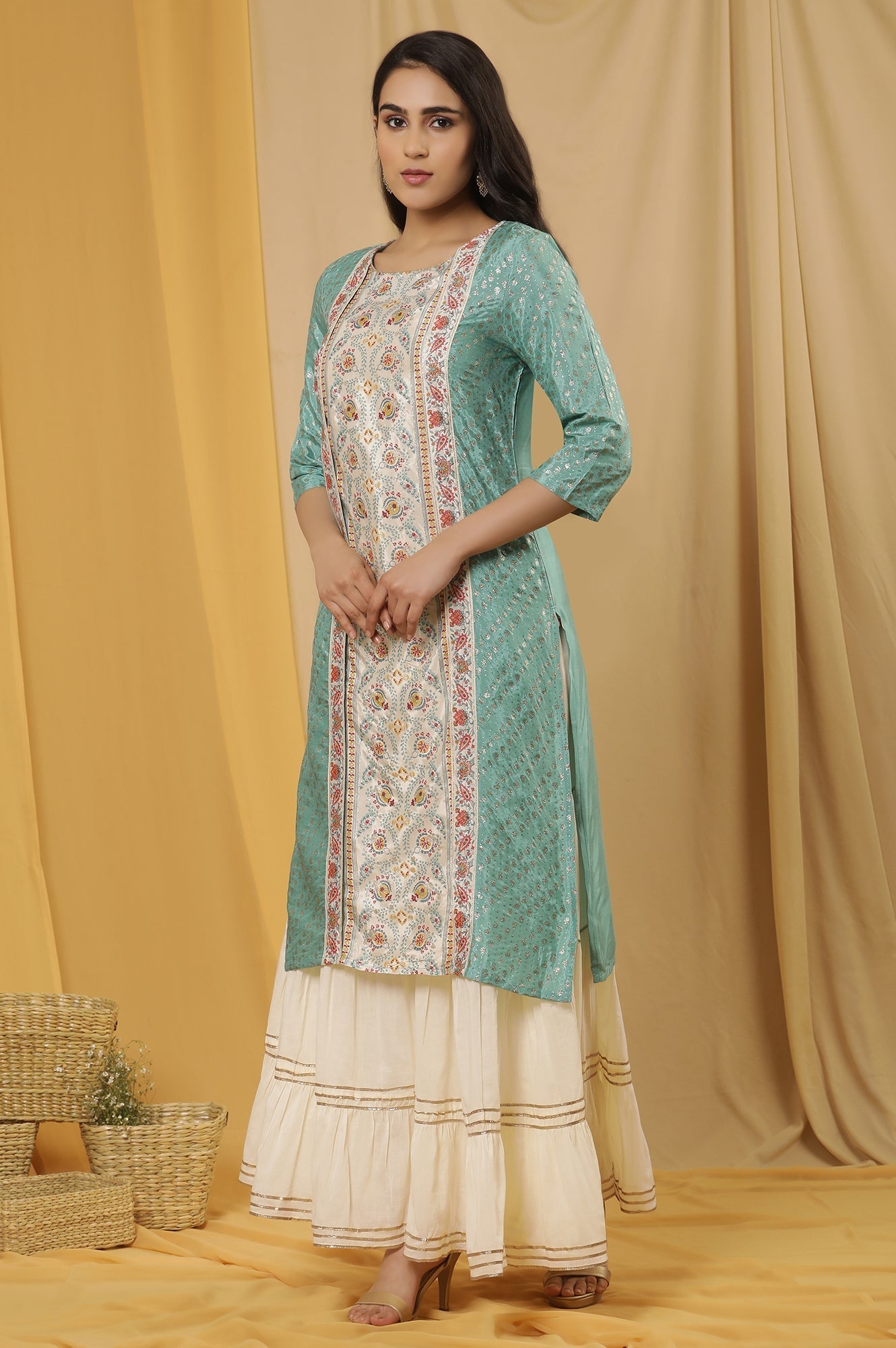 W for Woman Green Mock Layer Printed Kurta And Sharara Set