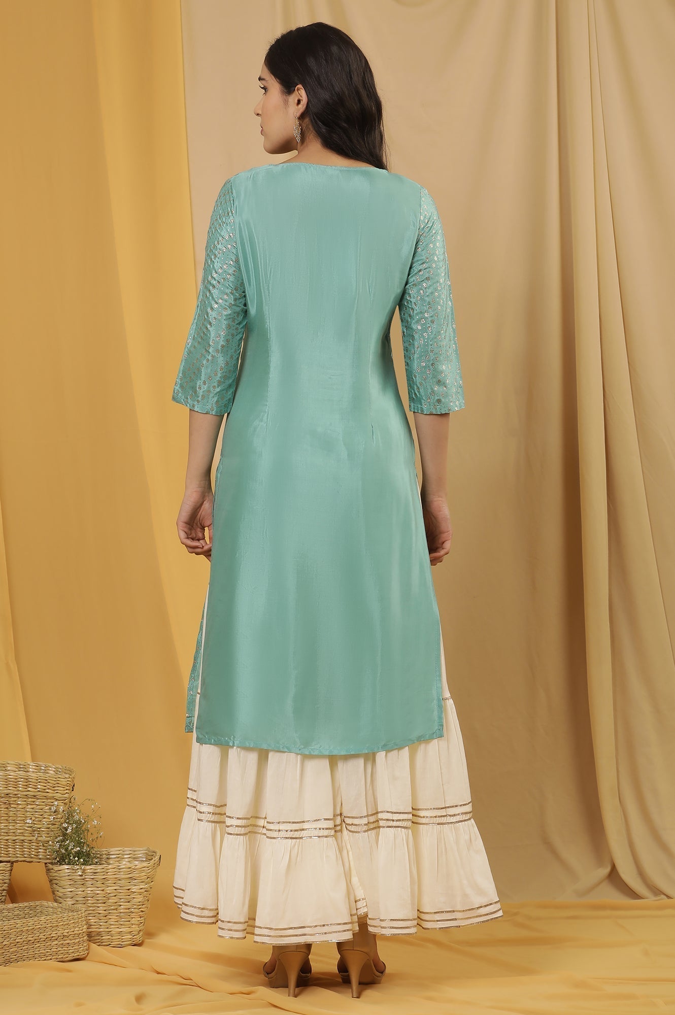 W for Woman Green Mock Layer Printed Kurta And Sharara Set