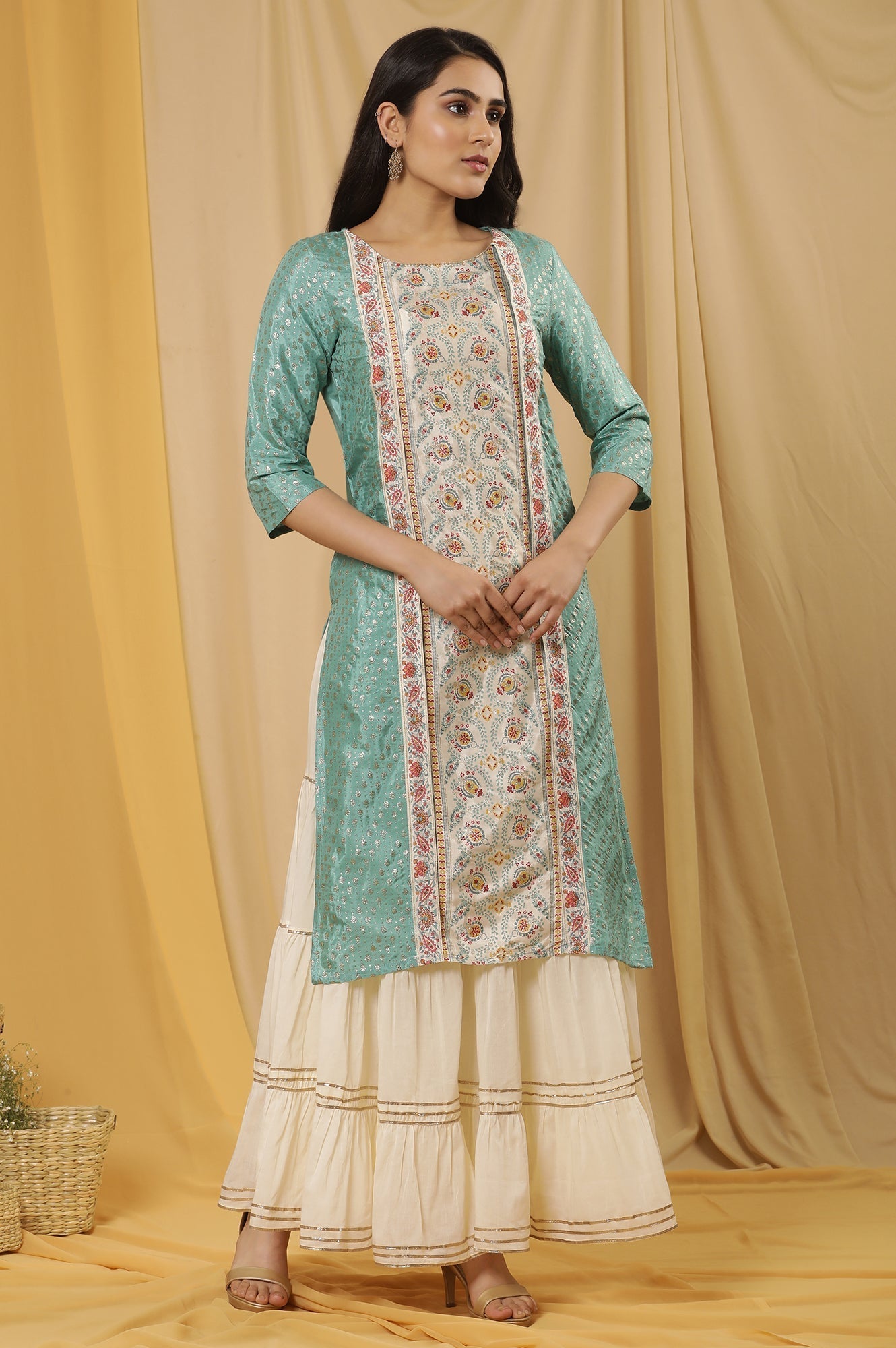 W for Woman Green Mock Layer Printed Kurta And Sharara Set