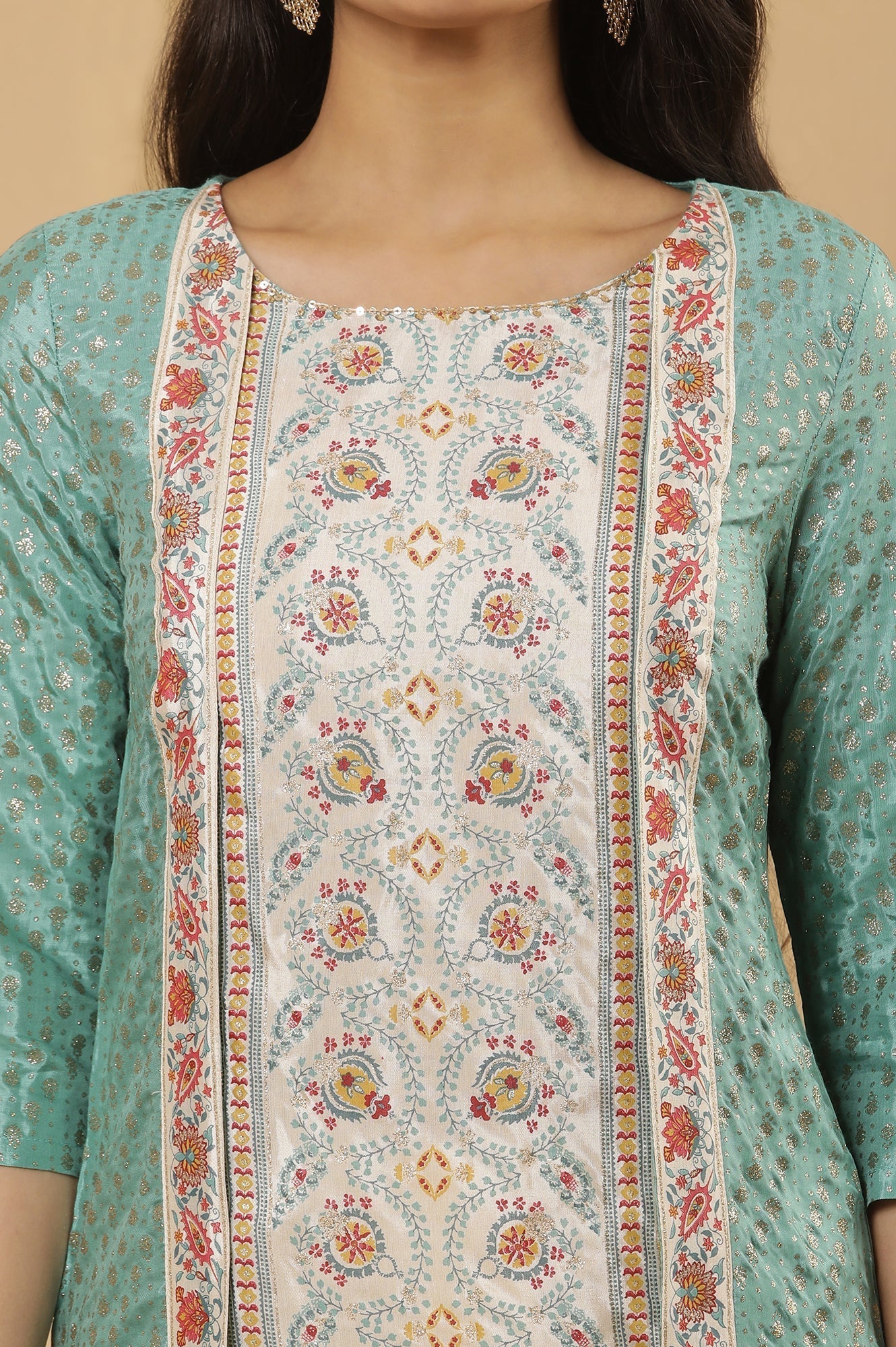 W for Woman Green Mock Layer Printed Kurta And Sharara Set