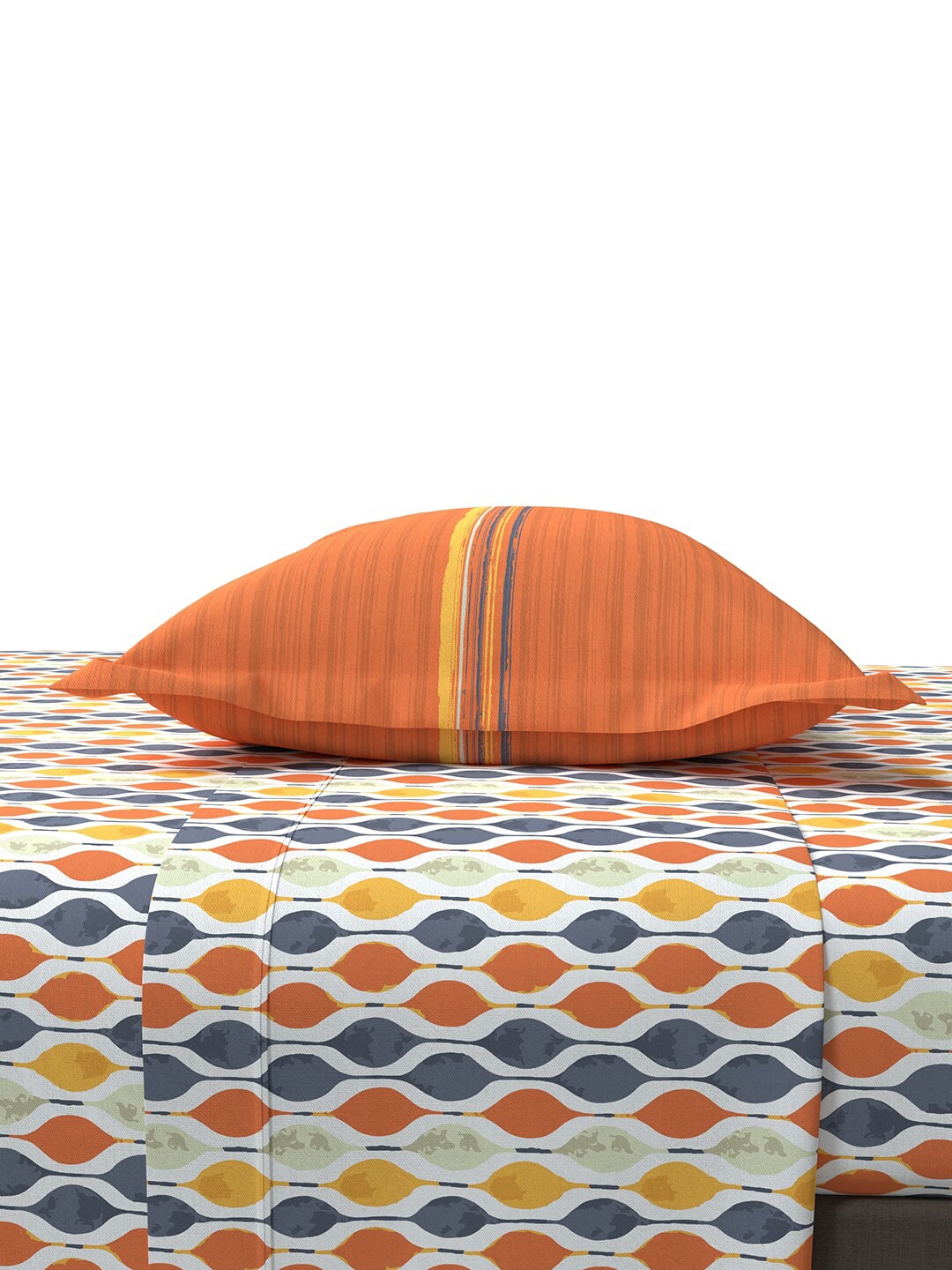 MYTRIDENT Orange White Geometric Cotton 144 TC Queen Bedsheet With 2 Pillow Covers 