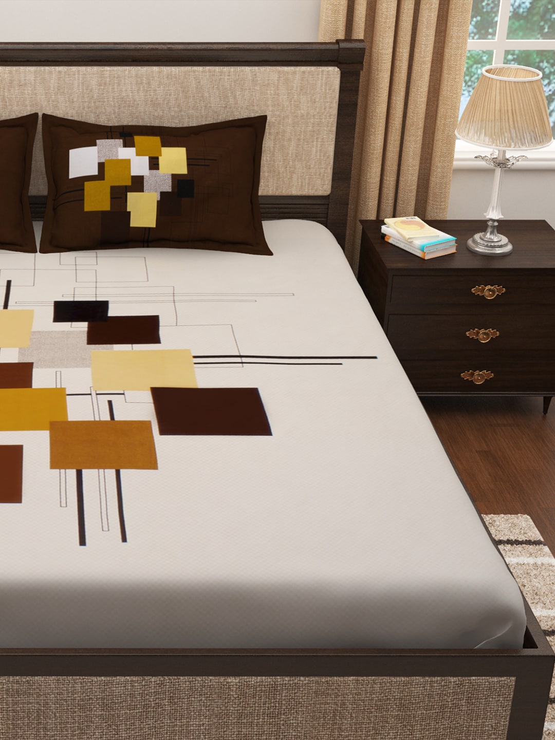 Story@home Cream-Coloured & Brown Abstract 300 TC Cotton 1 King Bedsheet with 2 Pillow Covers 