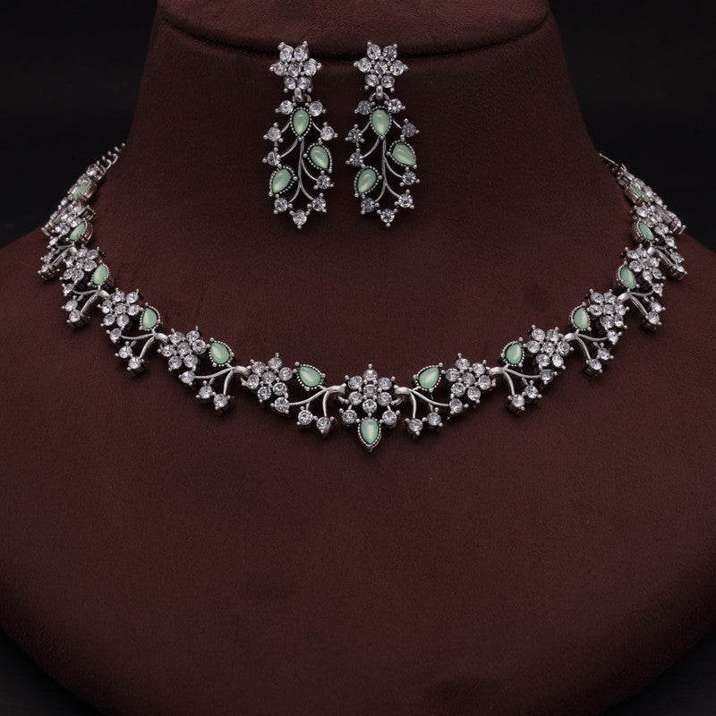 Tehzeeb Creations Silver Pleated White Diamond With Sea Green Beads Necklace Set Tehzeeb Creations