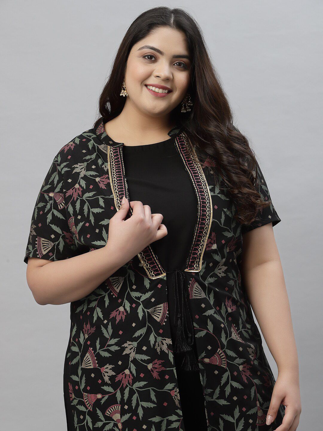 Sztori Plus Size Floral Printed Mandarin Collar Foil Printed A-Line Kurta With Trouser