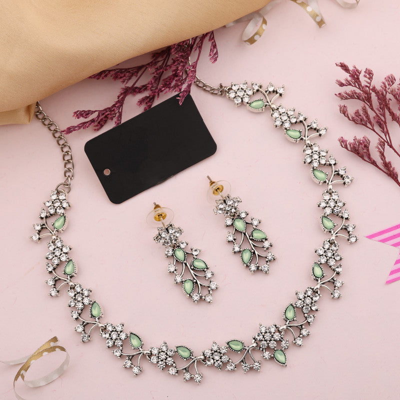 Tehzeeb Creations Silver Pleated White Diamond With Sea Green Beads Necklace Set Tehzeeb Creations