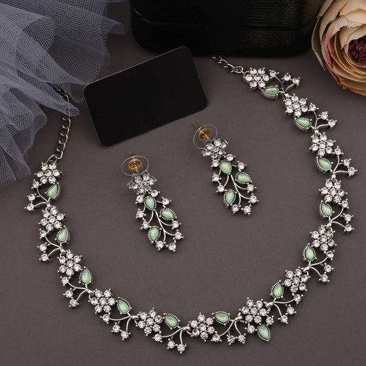 Tehzeeb Creations Silver Pleated White Diamond With Sea Green Beads Necklace Set Tehzeeb Creations