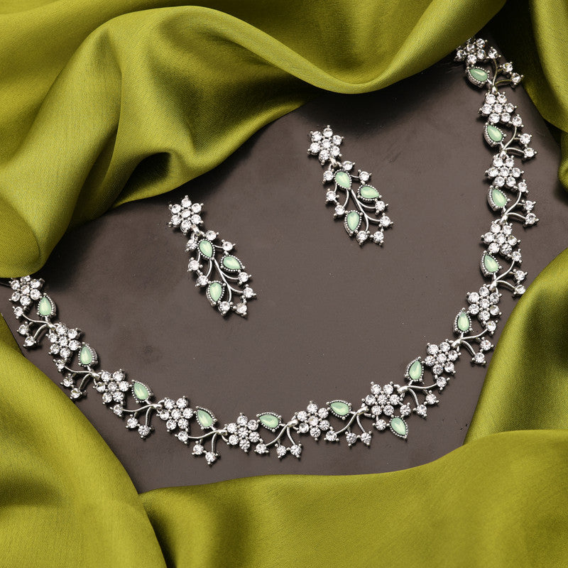 Tehzeeb Creations Silver Pleated White Diamond With Sea Green Beads Necklace Set Tehzeeb Creations