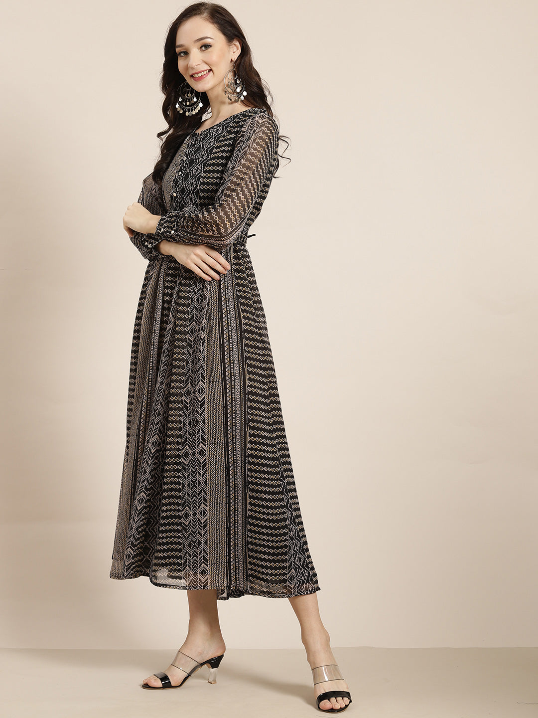 Juniper Womens Black Chiffon Printed Maxi Dress 