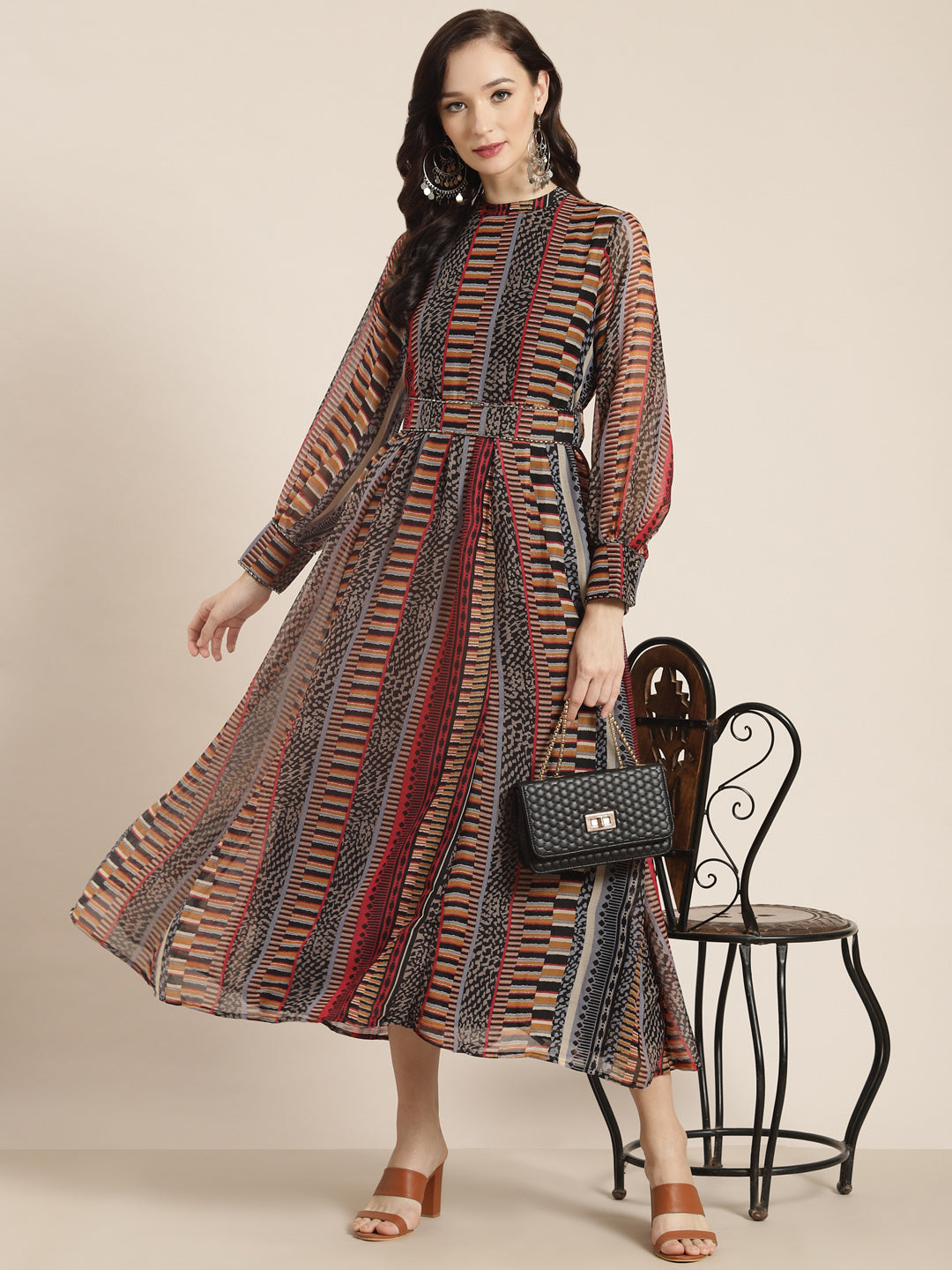 Juniper Womens Black Chiffon Printed Dress With Beautiful Belt 